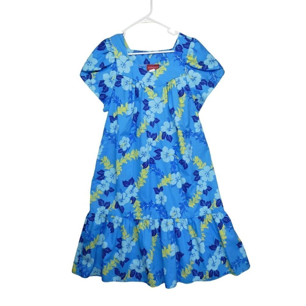 VTG Lava Hut Hawaiian Dress‎ Size Small Blue Hibiscus Ruffle MuuMuu Aloha Luau